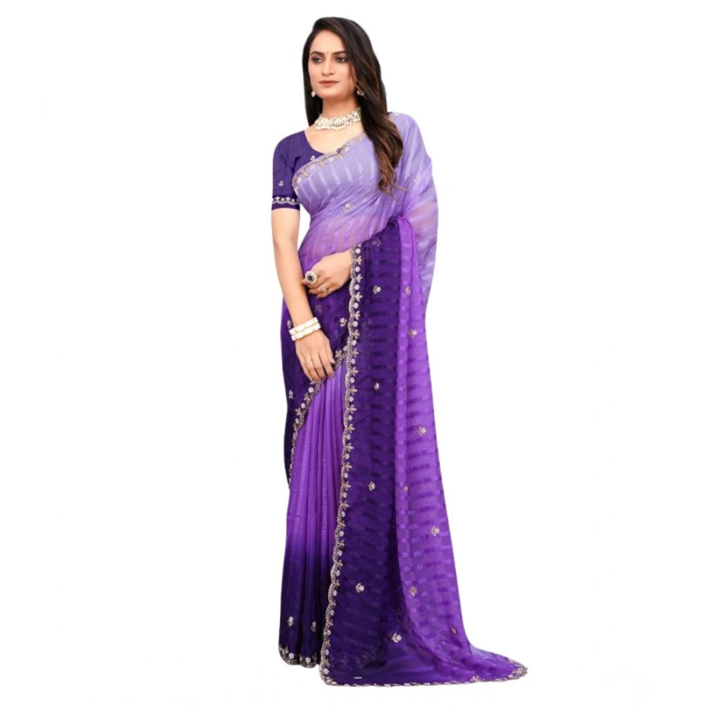 Purple chiffon embroidered saree with unstitched blouse (5.5mtr), intricate design for traditional Indian wear