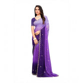 Purple chiffon embroidered saree with unstitched blouse (5.5mtr), intricate design on display