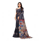 Black linen printed saree with unstitched blouse, vibrant pattern on display