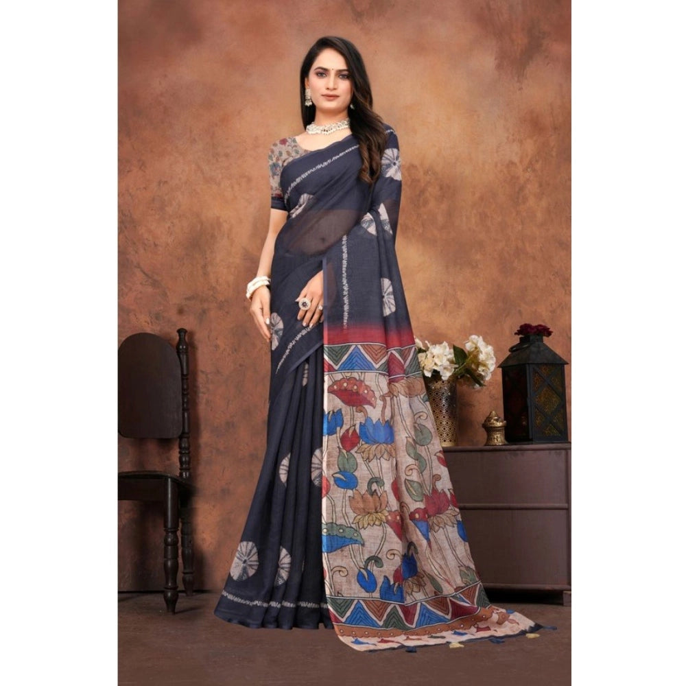 Black linen printed saree with unstitched blouse (5.5mtr) - vibrant pattern on traditional Indian wear