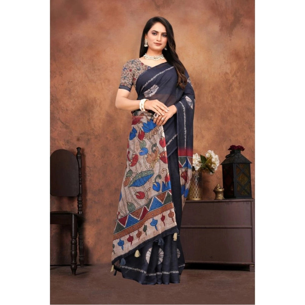 Black linen printed saree with unstitched blouse, intricate design for women's traditional Indian wear