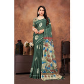 Dark green linen printed saree with unstitched blouse, vibrant Indian fashion wear on mannequin