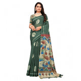 Dark green linen printed saree with unstitched blouse, vibrant floral pattern on 5.5mtr fabric