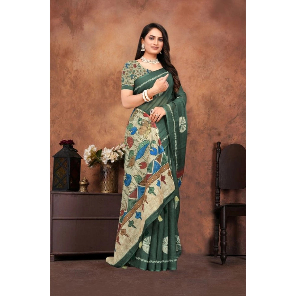 Dark green linen printed saree with unstitched blouse (5.5mtr), traditional Indian attire on display