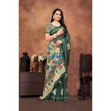 Dark green linen printed saree with unstitched blouse (5.5mtr), traditional Indian attire on display