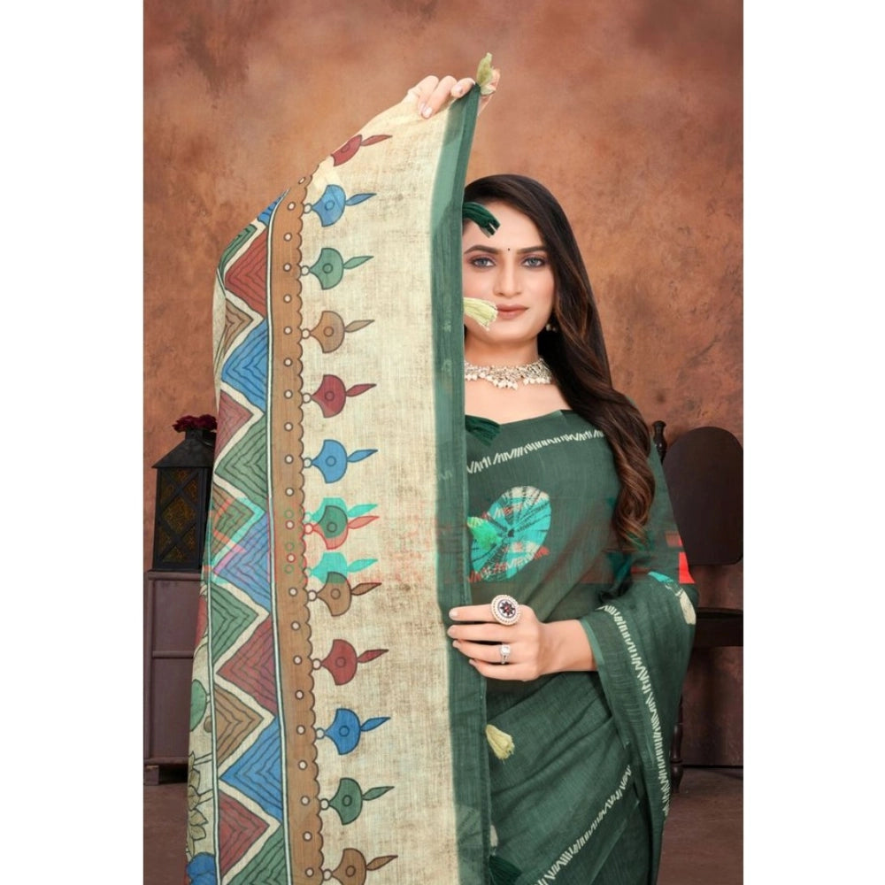 Dark green linen printed saree with unstitched blouse (5.5mtr), traditional Indian women's wear on mannequin