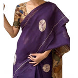 Purple linen printed saree with unstitched blouse (5.5mtr), vibrant Indian attire on mannequin