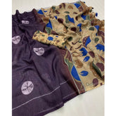 Purple linen printed saree with unstitched blouse, 5.5Mtr for traditional Indian wear