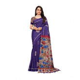 Purple linen printed saree with unstitched blouse (5.5Mtr), vibrant color on model