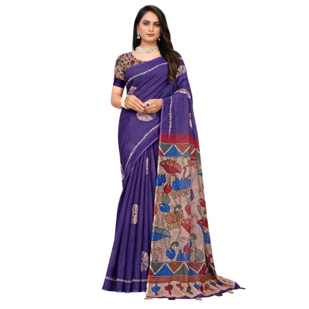 Purple linen printed saree with unstitched blouse (5.5mtr), vibrant, traditional Indian women's attire on display