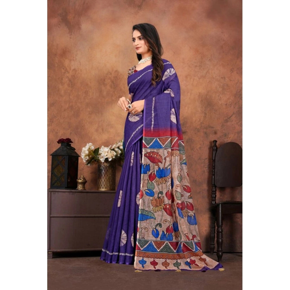 Purple linen printed saree with unstitched blouse (5.5mtr), vibrant traditional Indian wear for women