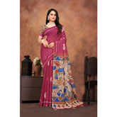Purple linen printed saree with unstitched blouse (5.5mtr) - traditional Indian attire for women