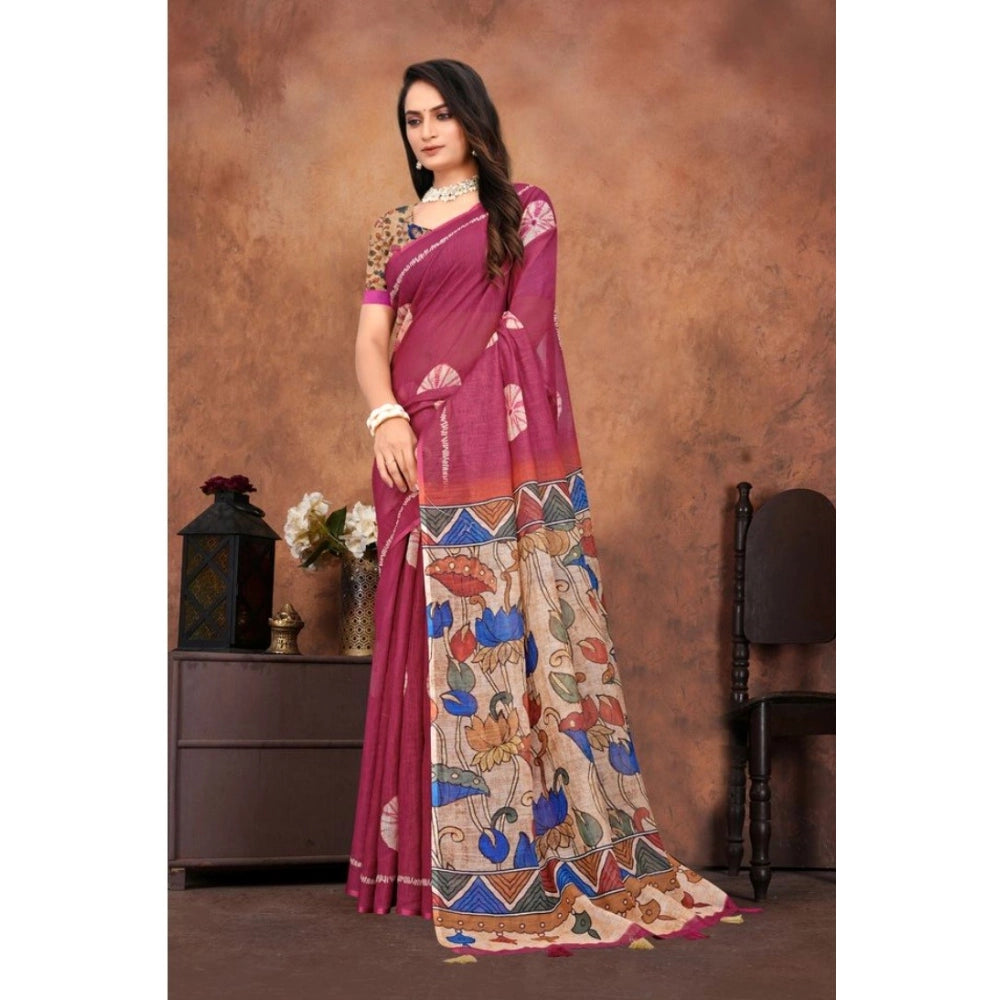 Purple linen printed saree with unstitched blouse, vibrant Indian attire for women