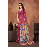 Purple linen printed saree with unstitched blouse, vibrant Indian attire for women