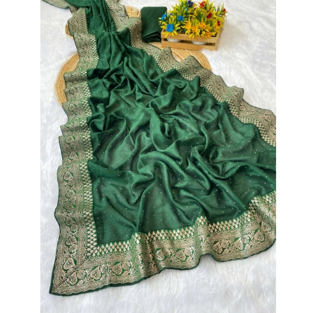 Dark green silk embroidered saree with unstitched blouse (5.5Mtr), traditional Indian fashion accessory