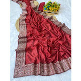 Red silk embroidered saree with unstitched blouse (5.5Mtr), intricate design detail on display