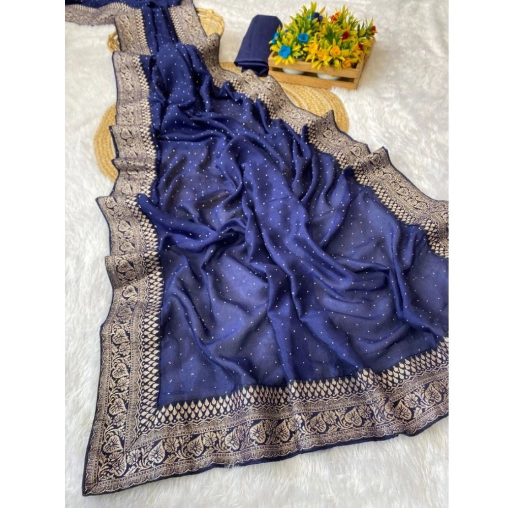 Blue silk embroidered saree with unstitched blouse (5.5mtr) - intricate floral designs on traditional Indian attire