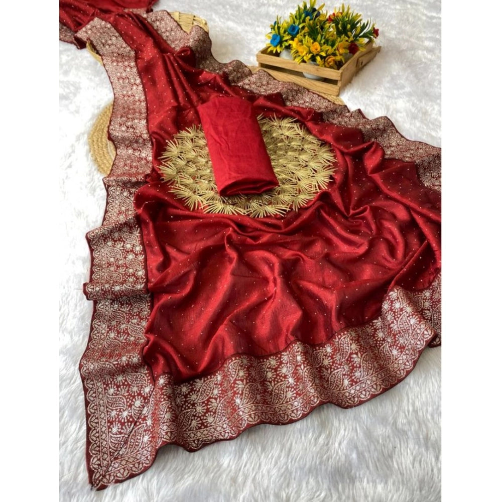 Red silk embroidered saree with unstitched blouse (5.5mtr), intricate details showcased
