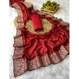 Red silk embroidered saree with unstitched blouse (5.5mtr), intricate details showcased