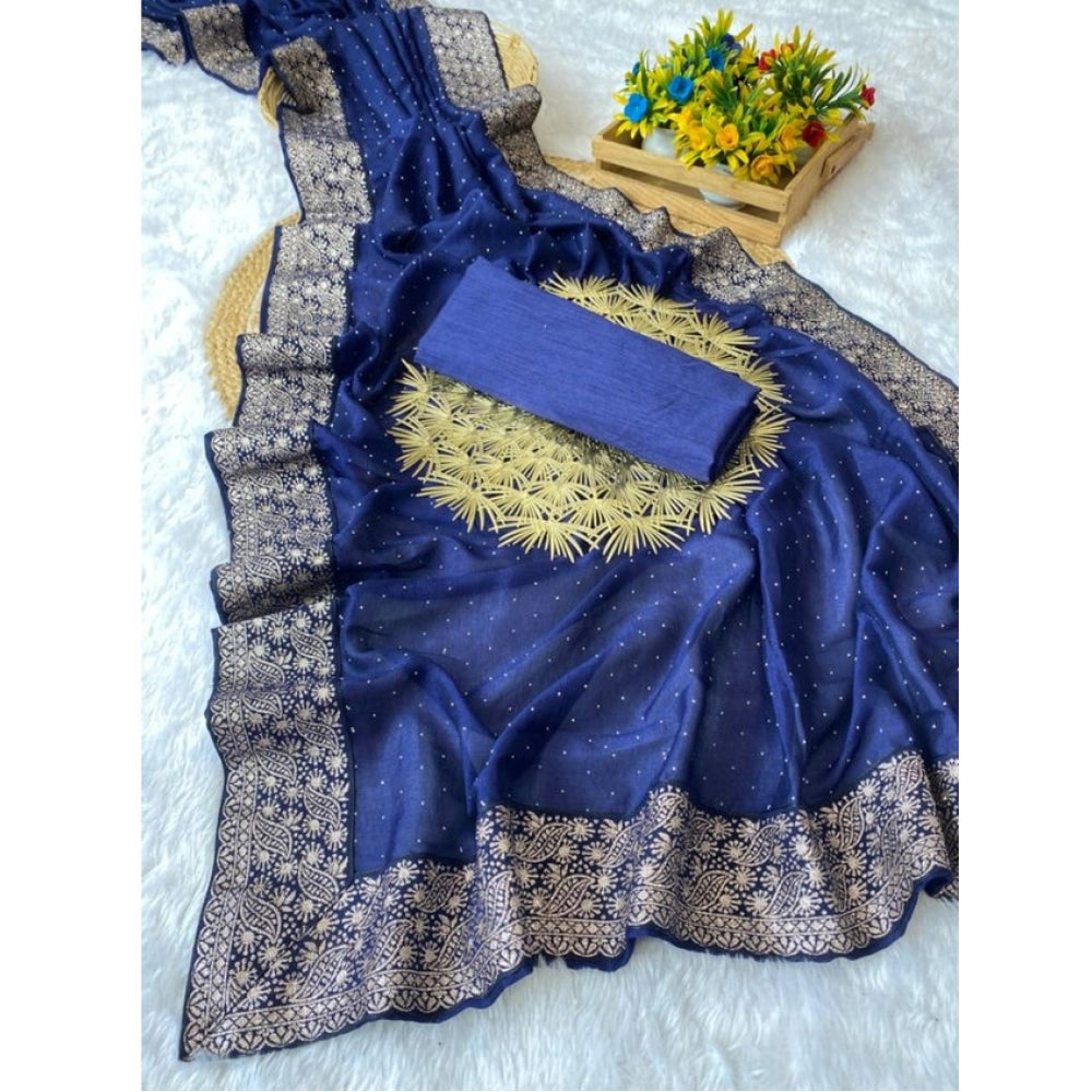 Blue silk embroidered saree with unstitched blouse (5.5Mtr) - intricate floral designs on traditional Indian attire
