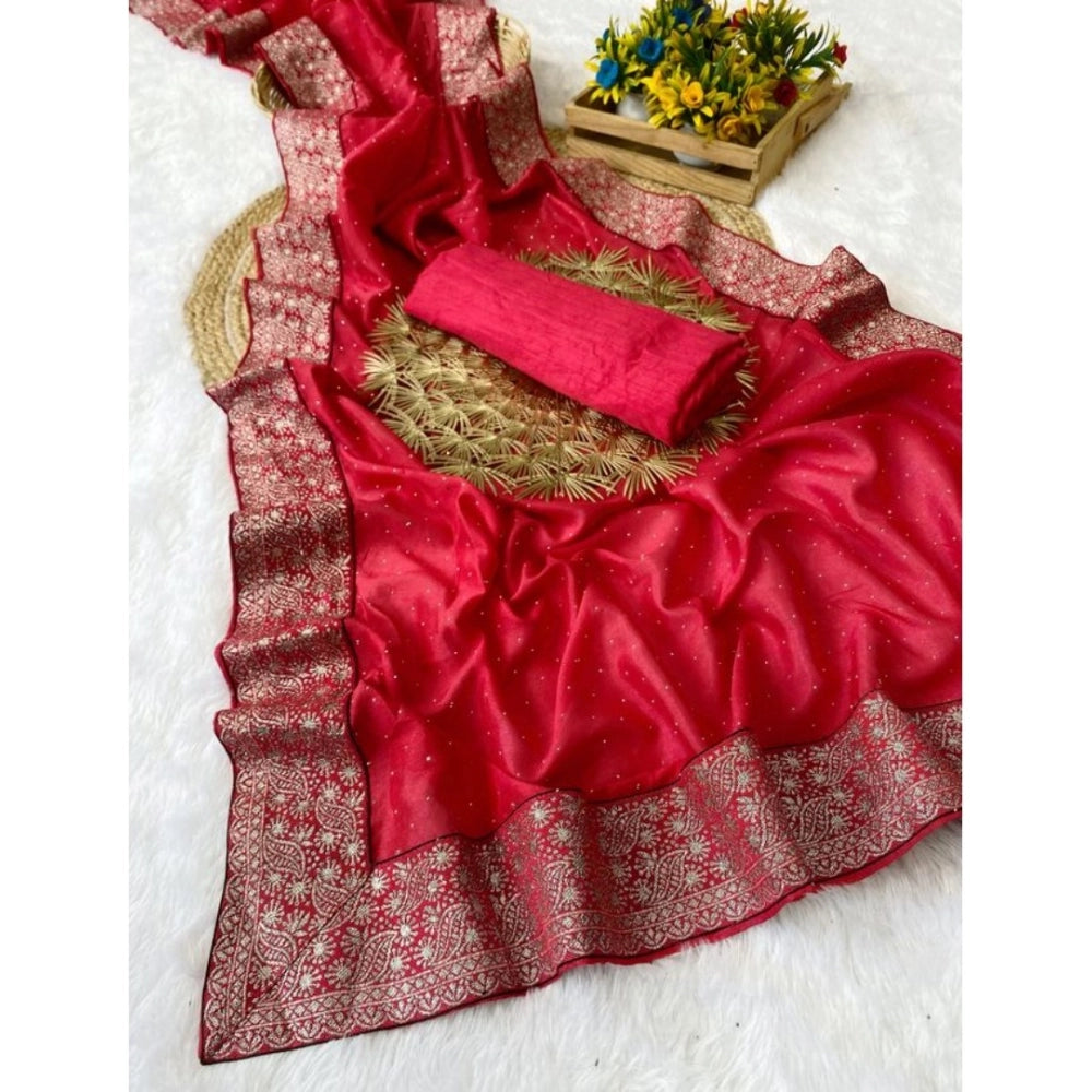Pink silk embroidered saree with unstitched blouse (5.5Mtr) on mannequin