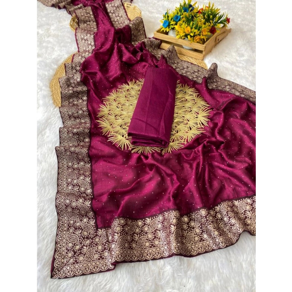 Purple silk embroidered saree with unstitched blouse (5.5mtr), intricate Indian bridal wear