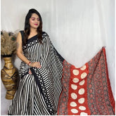 Black satin printed saree with unstitched blouse (5.5mtr)