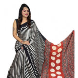 Black satin printed saree with unstitched blouse (5.5Mtr)