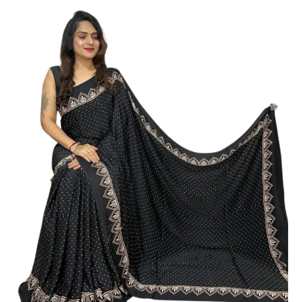 Black satin printed saree with unstitched blouse, luxurious accessory for traditional Indian women