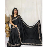 Black satin printed saree with unstitched blouse (5.5mtr)