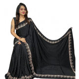 Black satin printed saree with unstitched blouse, luxurious accessory for traditional Indian women