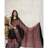 Black satin printed saree with unstitched blouse (5.5Mtr)