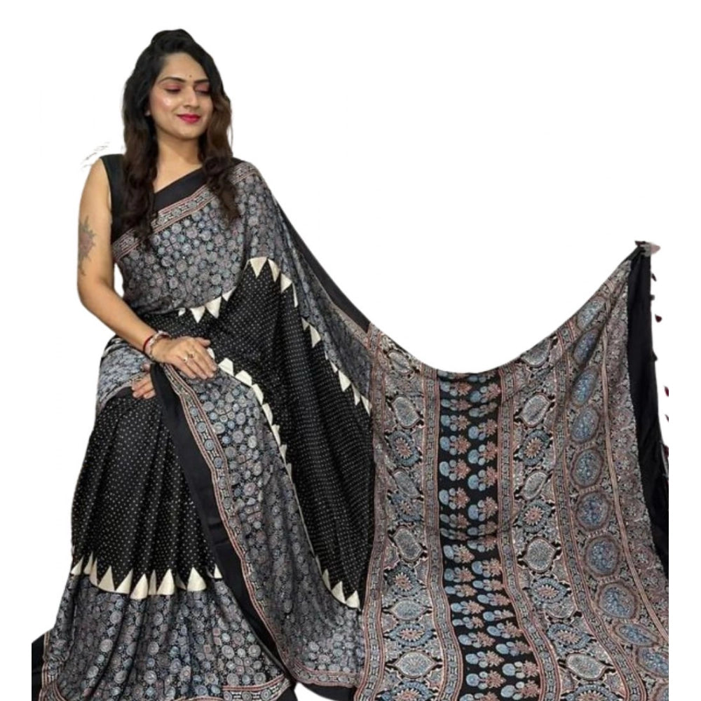 Black satin printed saree with unstitched blouse (5.5Mtr), high-quality fashion accessory for women