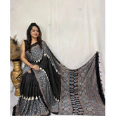 Black satin printed saree with unstitched blouse (5.5mtr)