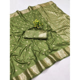 Green jacquard silk saree with unstitched blouse, intricate jacquard woven pattern for women's traditional Indian wear