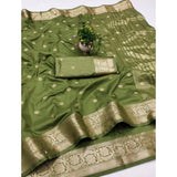 Green jacquard silk saree with unstitched blouse, intricate jacquard woven pattern for traditional Indian wear
