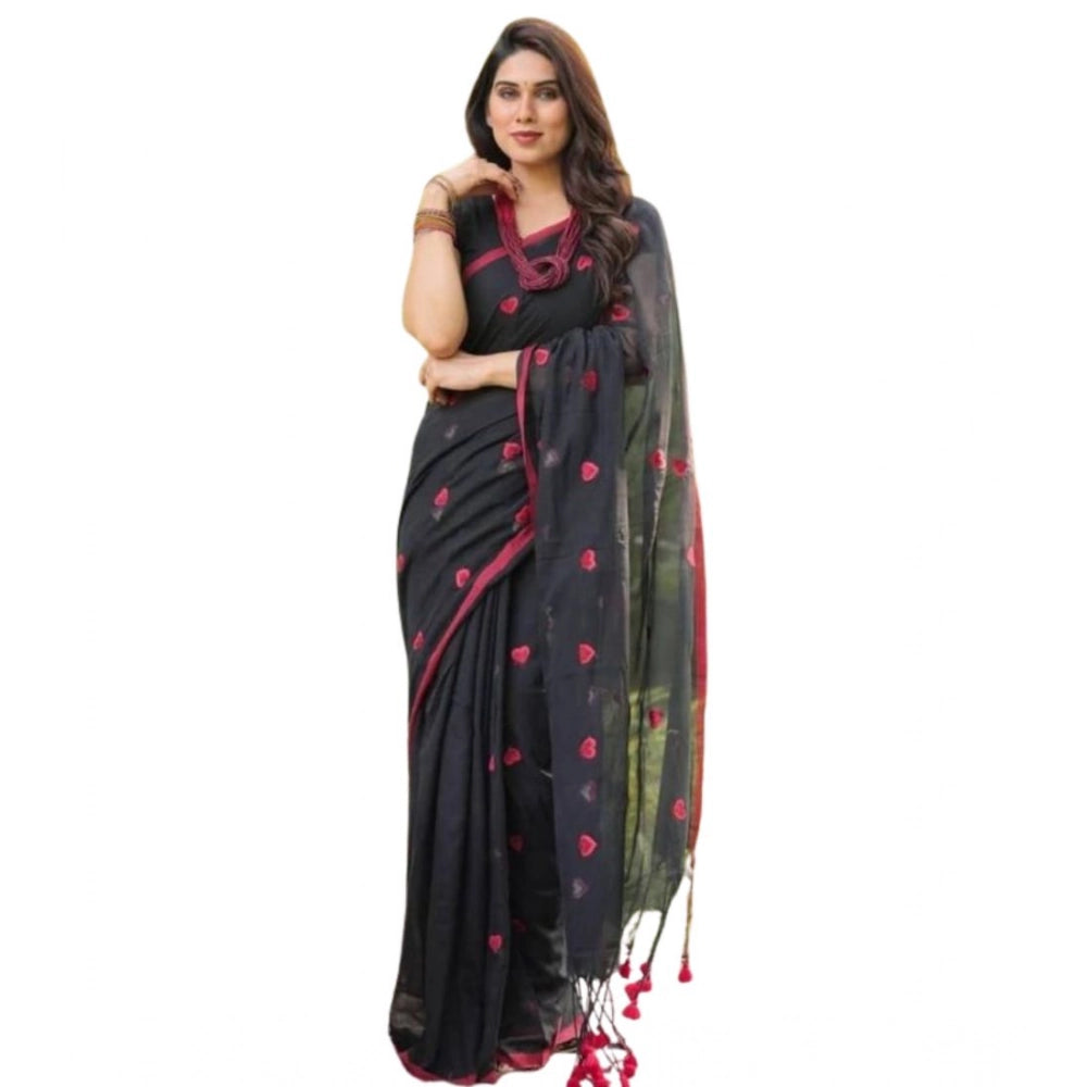 Black linen printed saree with unstitched blouse, traditional Indian wear for women