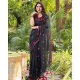 Black linen printed saree with unstitched blouse (5.5Mtr) on hanger