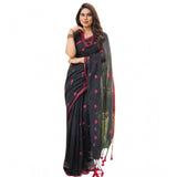 Black linen printed saree with unstitched blouse, traditional Indian wear for women