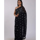 Black linen printed saree with unstitched blouse (5.5Mtr) - traditional Indian women's wear