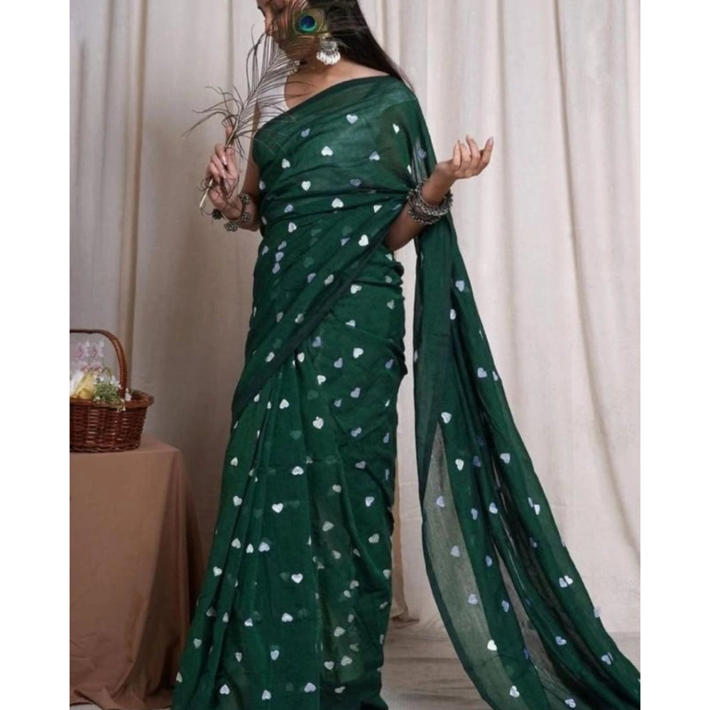 Green linen printed saree with unstitched blouse (5.5mtr) - vibrant green traditional Indian wear for women, showcased on a mannequin