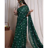 Green linen printed saree with unstitched blouse (5.5mtr) - vibrant green traditional Indian wear for women, showcased on a mannequin