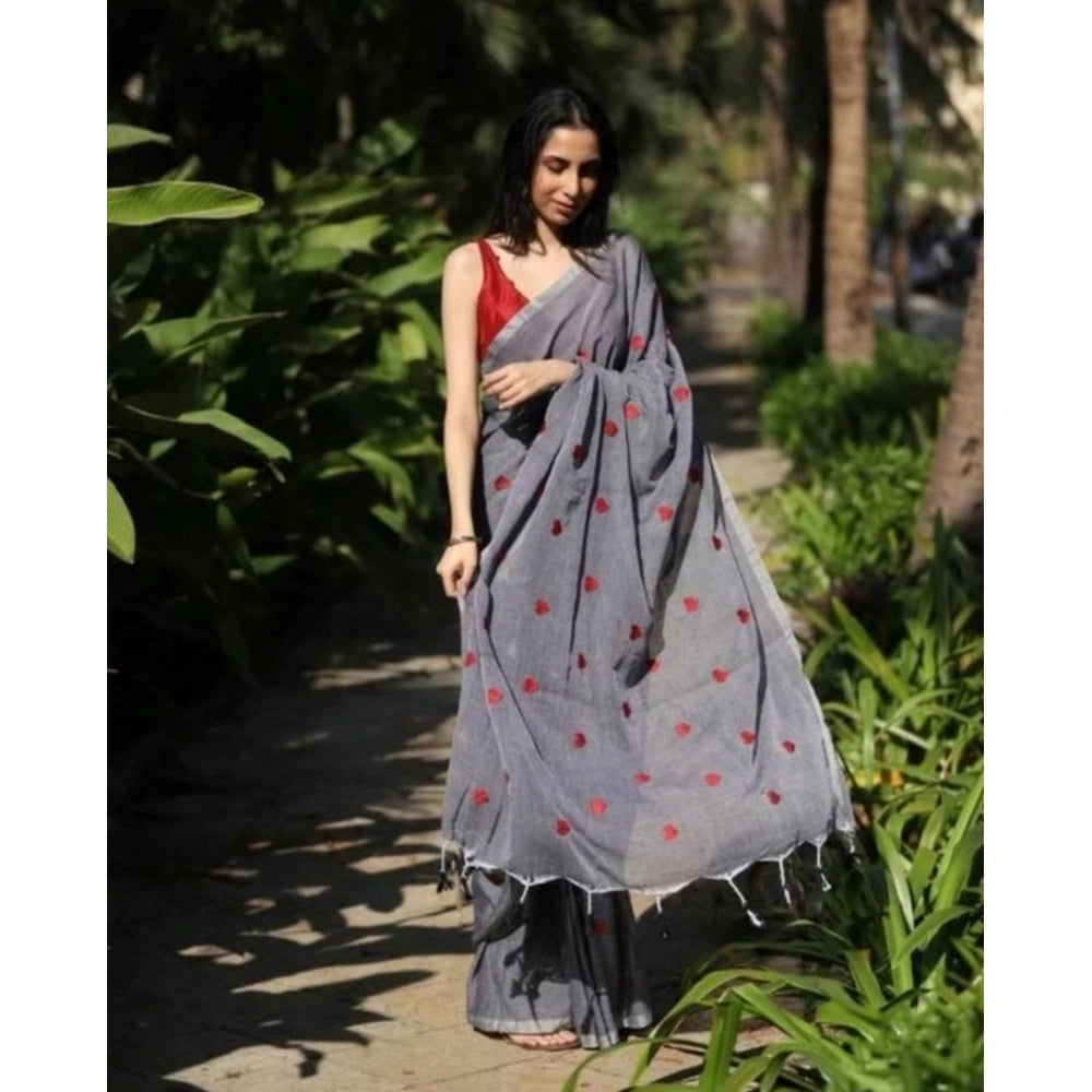 Grey linen printed saree with unstitched blouse, vibrant pattern detail on display