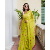 Light green linen printed saree with unstitched blouse (5.5mtr) - vibrant, traditional Indian attire