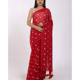 Red linen printed saree with unstitched blouse (5.5mtr), classic Indian wear
