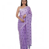 Purple linen printed saree with unstitched blouse (5.5mtr), traditional Indian attire on mannequin