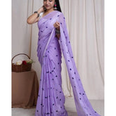 Purple linen printed saree with unstitched blouse, vibrant floral pattern for traditional Indian women's wear