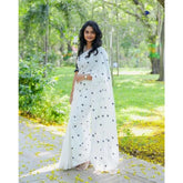 White linen printed saree with unstitched blouse, 5.5mtr for traditional Indian wear