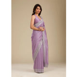 Purple silk embroidered saree with unstitched blouse (5.5mtr), intricate floral designs on luxurious fabric