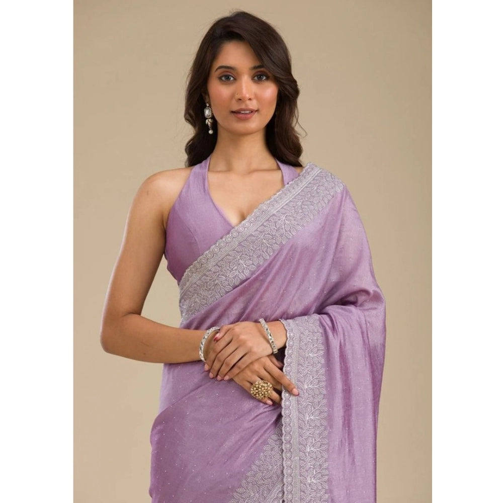 Purple silk embroidered saree with unstitched blouse (5.5mtr), vibrant embellishments on traditional Indian wear